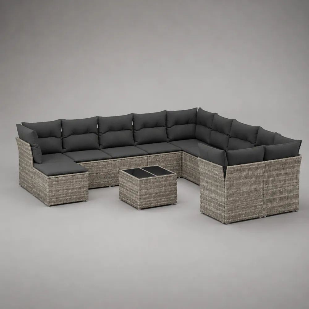 Set divano modulare da esterno a U in polyrattan grigio chiaro con cuscini antracite e tavolino, 330 x 220 x 75 cm