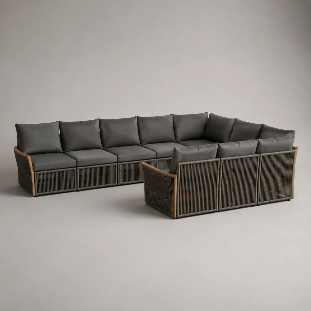 Divano da giardino modulare a U 9 posti in alluminio, corda di poliestere e legno massello di acacia, antracite e marrone naturale, 355 × 255 × 76 cm