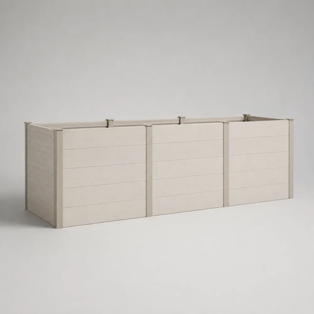 Fioriera rialzata rettangolare da esterno a 3 scomparti in composito di fibre di legno e HDPE, Bianco/Grigio chiaro, 180 x 60 x 60 cm