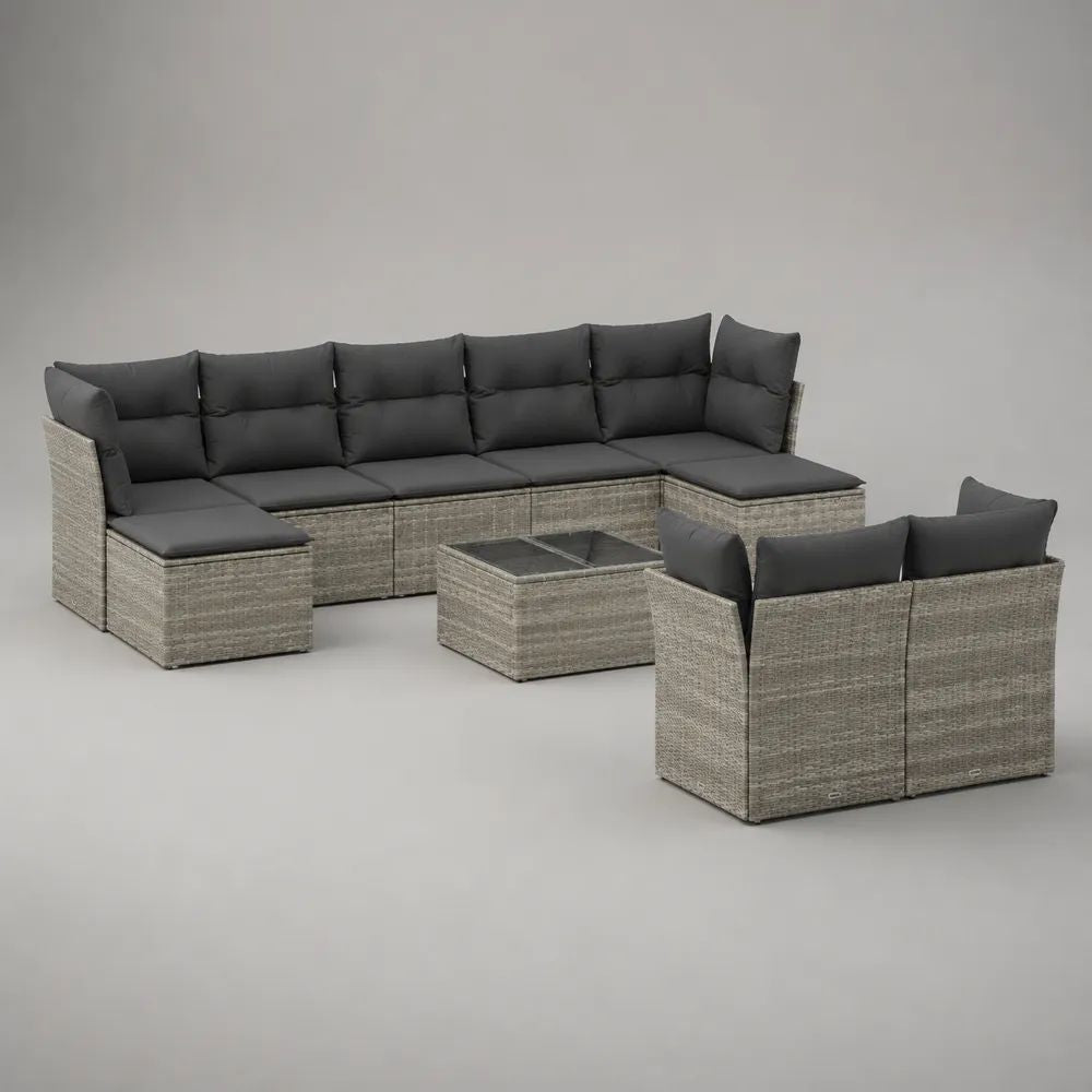 Set divano da giardino modulare da esterno 9 pezzi in rattan PE e acciaio con cuscini antracite e tavolino, 250 x 180 x 75 cm