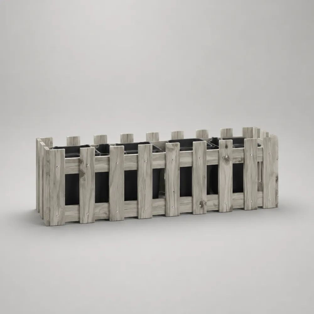 Fioriera rialzata rettangolare da esterno in pino massello impregnato grigio con 4 vasi in plastica nera, 108 x 40 x 55 cm