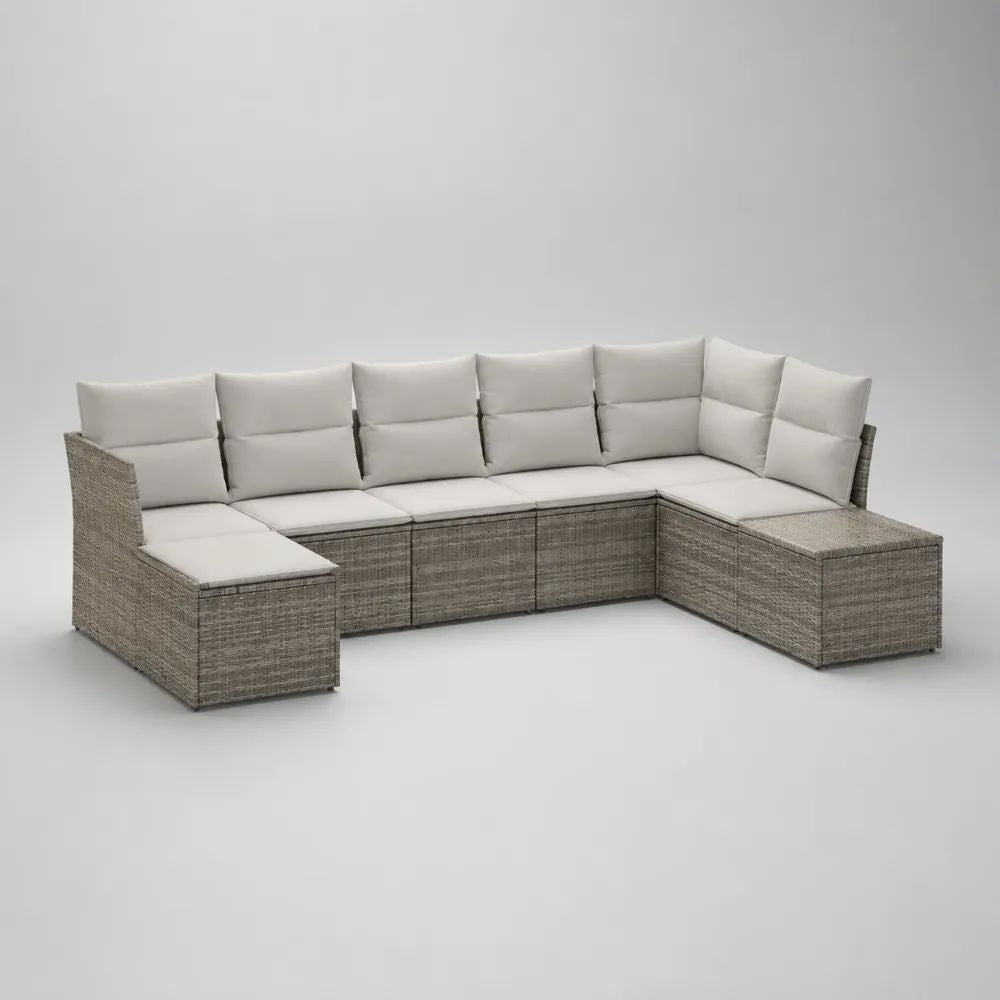 Divano da esterno modulare a U 7 posti in rattan PE grigio tortora con cuscini crema, 345 × 220 × 72 cm