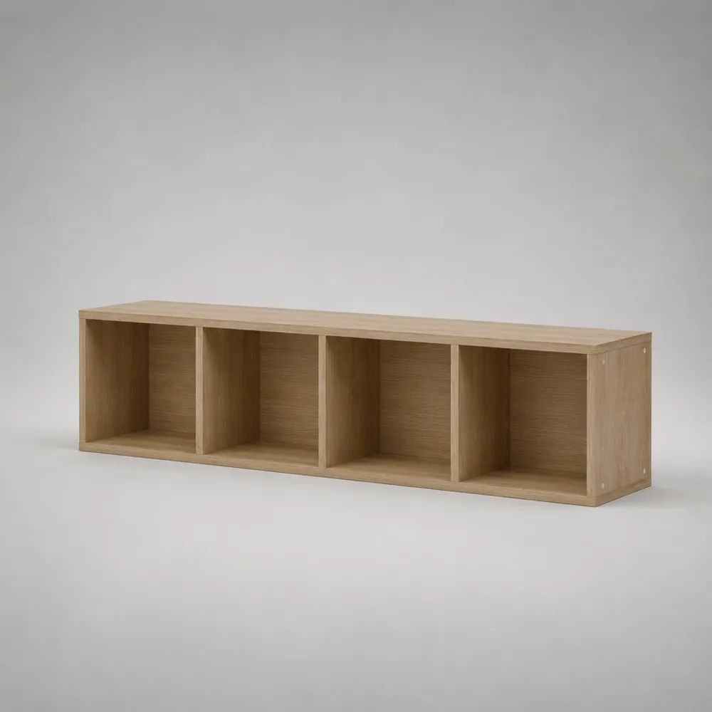 Libreria bassa rettangolare in legno con 4 vani, rovere chiaro, 120 × 30 × 35 cm