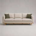 Divano lineare 3 posti in tessuto beige con struttura in legno e 2 cuscini verde oliva, 220 × 88 × 82 cm