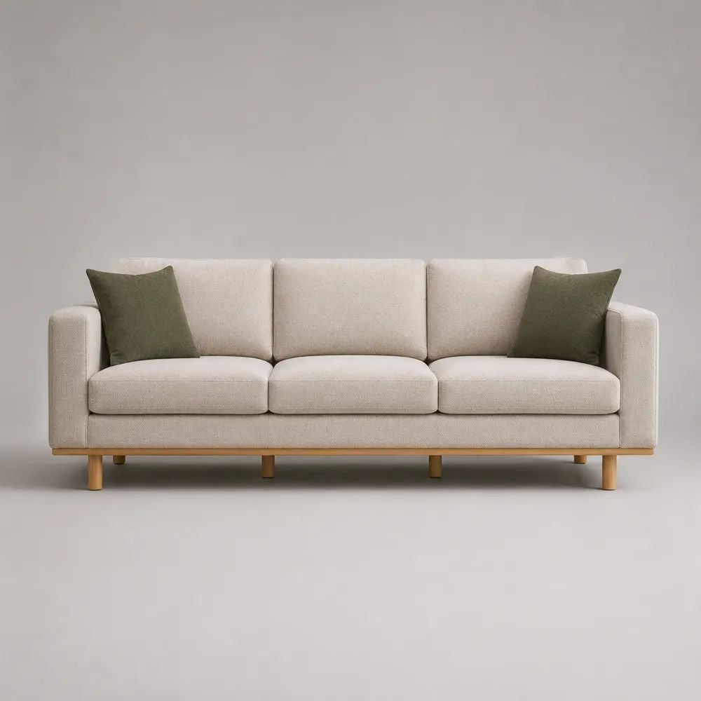 Divano lineare 3 posti in tessuto beige con struttura in legno e 2 cuscini verde oliva, 220 × 88 × 82 cm