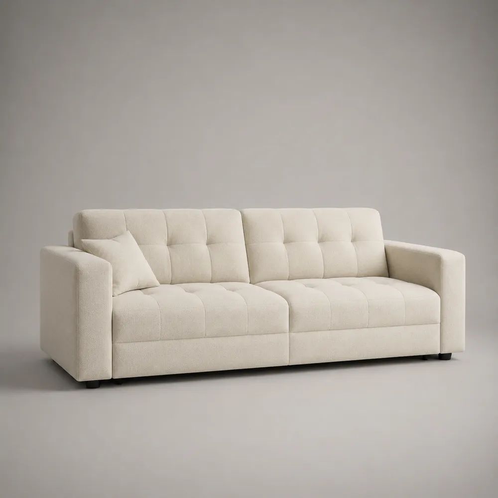 Divano imbottito rettangolare a 3 posti in tessuto bouclé crema, 210 x 88 x 82 cm
