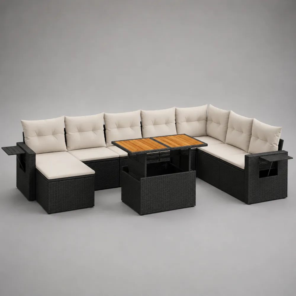 Set divano da giardino angolare 10 posti in rattan PE nero con cuscini crema, tavolo regolabile e 2 poggiapiedi, 280 x 220 x 72 cm