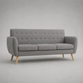 Divano lineare 3 posti in poliestere grigio chiaro con schienale capitonné e gambe in legno massello naturale, 190 × 82 × 85 cm