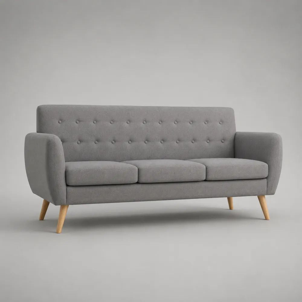 Divano lineare 3 posti in poliestere grigio chiaro con schienale capitonné e gambe in legno massello naturale, 190 × 82 × 85 cm