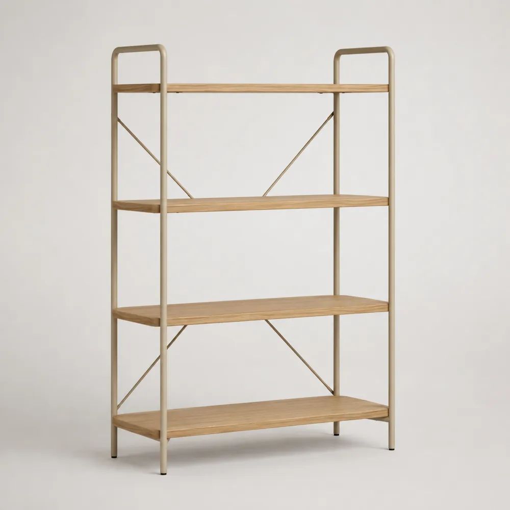 Libreria a 4 ripiani in MDF impiallacciato rovere con struttura in acciaio beige, 100 x 35 x 150 cm