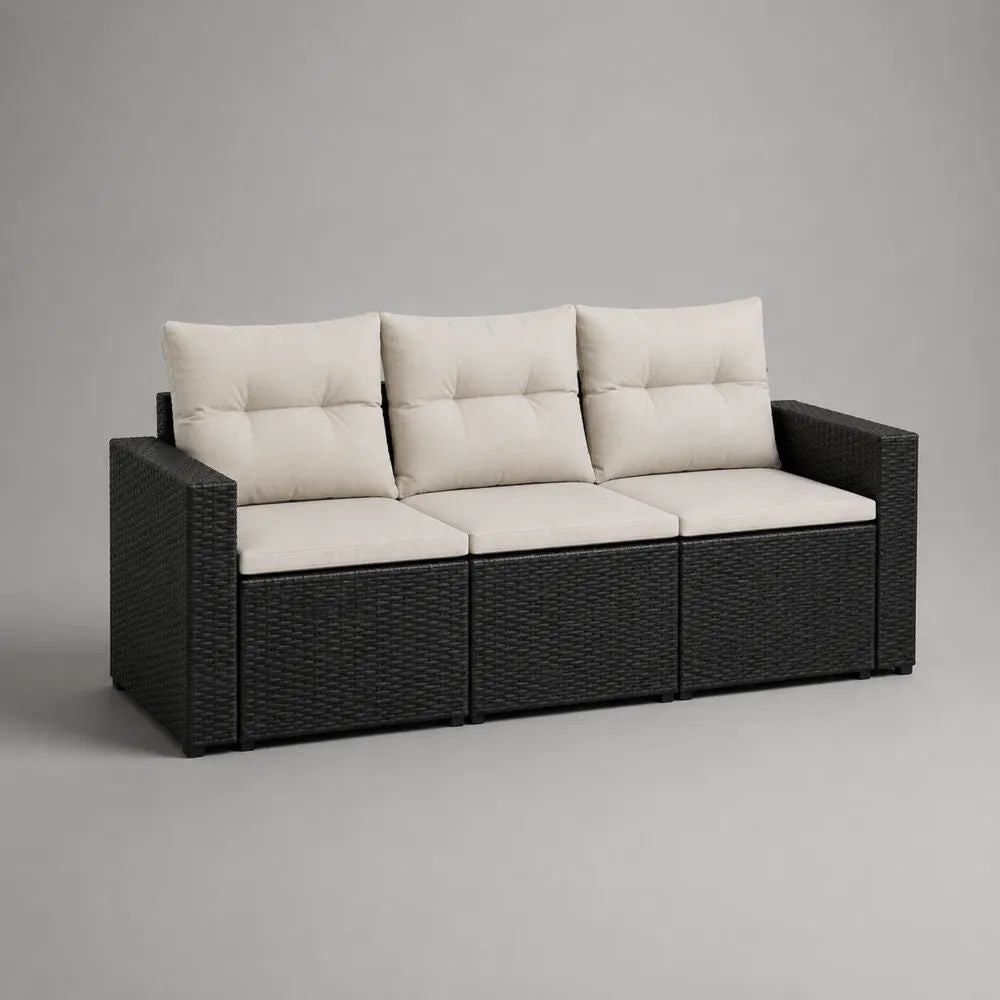 Divano da giardino a 3 posti in polyrattan con cuscini, 190 x 70 x 75 cm, nero e crema