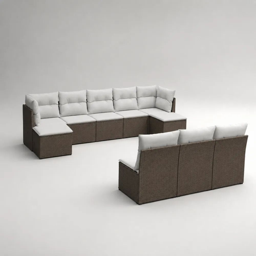 Set divano modulare da giardino per esterni a 9 posti in polyrattan marrone con cuscini bianchi, 325 x 195 x 73 cm