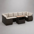 Set salotto da giardino 6 pezzi 9 posti in rattan PE marrone scuro con divano angolare 238 x 238 cm, tavolo, 2 poltrone, 2 pouf e cuscini beige