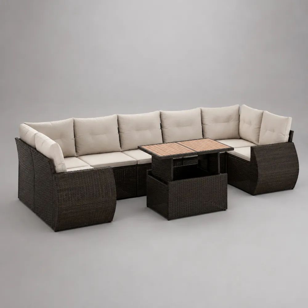 Set salotto da giardino 6 pezzi 9 posti in rattan PE marrone scuro con divano angolare 238 x 238 cm, tavolo, 2 poltrone, 2 pouf e cuscini beige