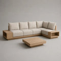 Set da esterno 2 pezzi con divano angolare a 4 posti e tavolino in teak massello, cuscini beige, divano 315 x 220 x 82 cm