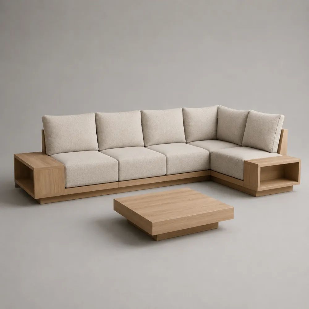 Set da esterno 2 pezzi con divano angolare a 4 posti e tavolino in teak massello, cuscini beige, divano 315 x 220 x 82 cm