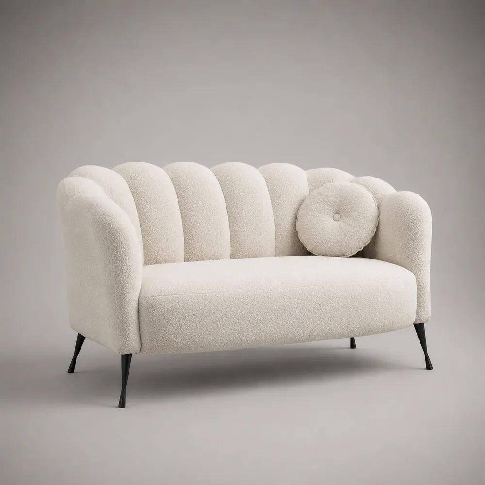 Divano 2 posti in tessuto bouclé avorio, design curvo con gambe nere, 150 × 78 × 82 cm