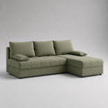 Divano angolare a 3 posti con penisola destra in tessuto verde salvia, struttura a L, 225 x 150 x 85 cm