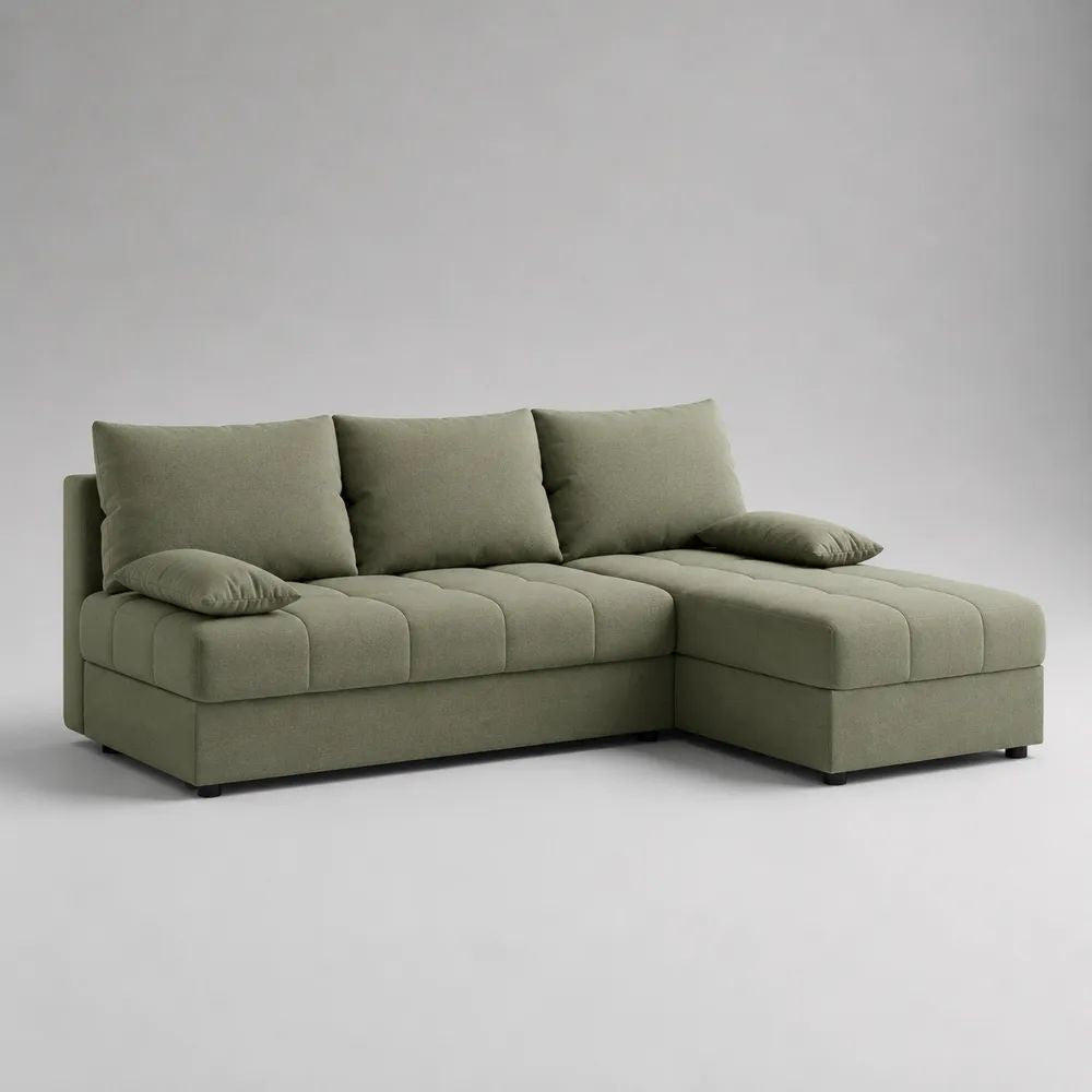 Divano angolare a 3 posti con penisola destra in tessuto verde salvia, struttura a L, 225 x 150 x 85 cm