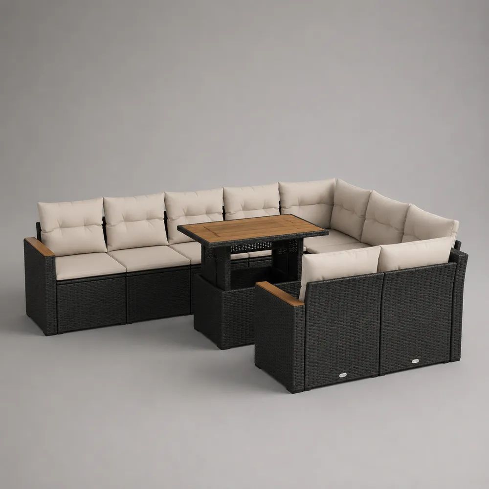 Set salotto da giardino 9 posti in polyrattan con tavolo rettangolare e cuscini, nero, beige e marrone, 280 × 220 × 74 cm