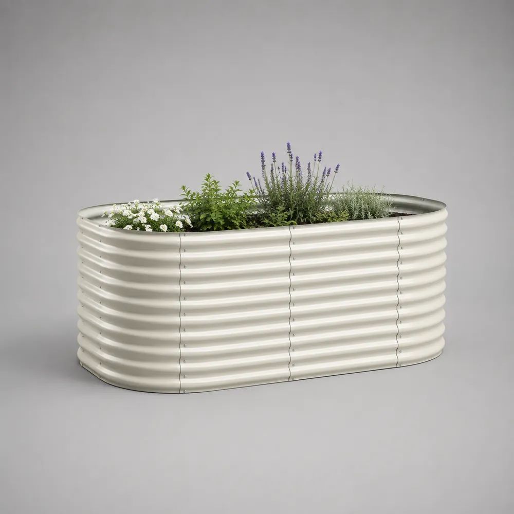 Aiuola rialzata ovale da esterno in acciaio zincato ondulato bianco crema, 180 × 90 × 60 cm