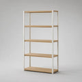 Scaffale libreria rettangolare a 5 ripiani in acciaio e legno, bianco e beige naturale, 90 × 40 × 180 cm
