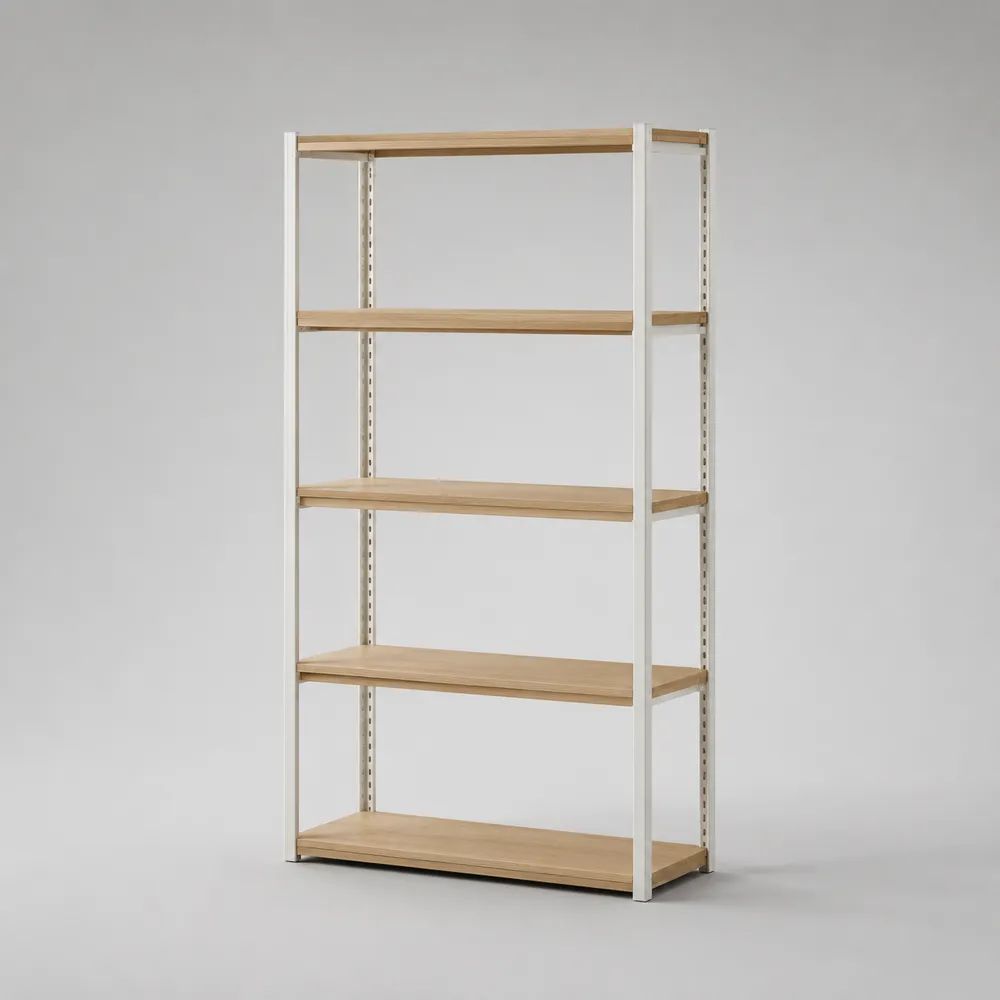 Scaffale libreria rettangolare a 5 ripiani in acciaio e legno, bianco e beige naturale, 90 × 40 × 180 cm