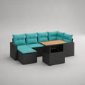 Set da giardino 9 pezzi con divano angolare, 2 sgabelli e tavolo da pranzo in polyrattan nero, cuscini turchesi, 280 x 210 x 73 cm