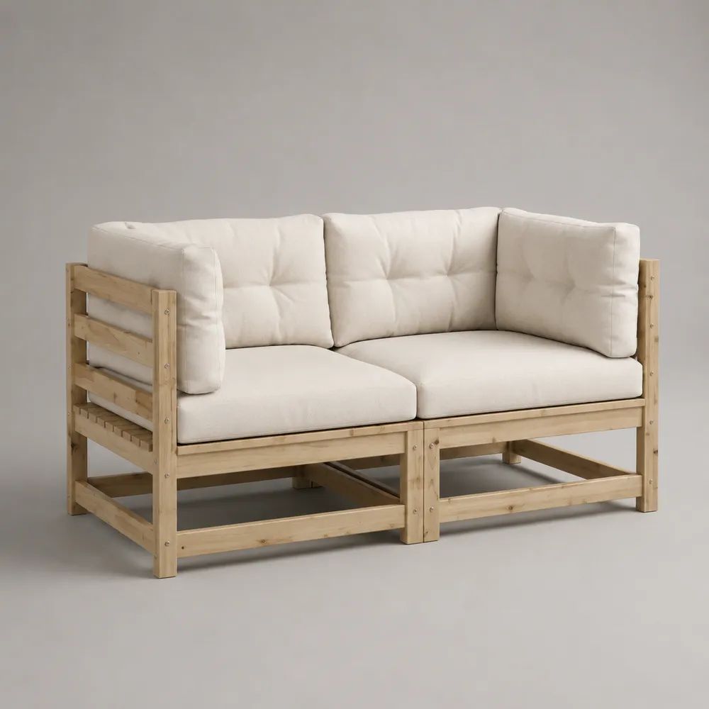 Divano da esterno a 2 posti in legno massello di pino con cuscini in tessuto beige, 140 × 75 × 80 cm