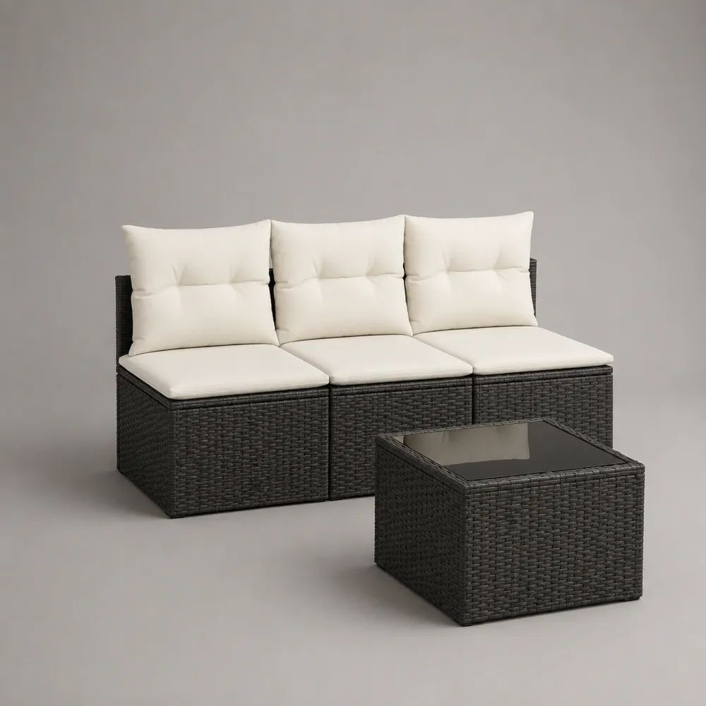 Set salotto da giardino 4 pezzi in polyrattan PE grigio antracite con divano modulare 3 posti 180 × 65 × 72 cm, tavolino 60 × 60 × 35 cm e cuscini crema