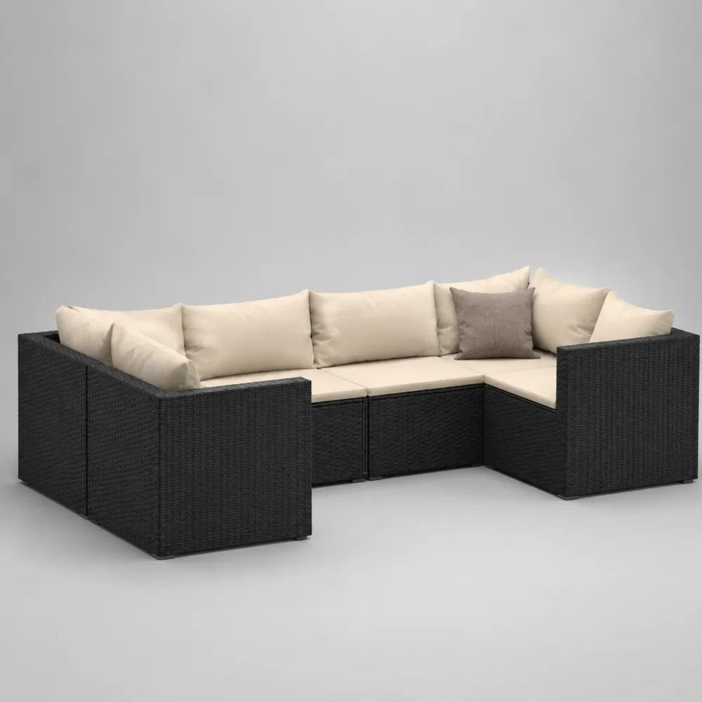 Divano da giardino modulare a U, salotto 5 pezzi in polyrattan PE nero con cuscini beige e grigio, 277 x 139 x 62 cm