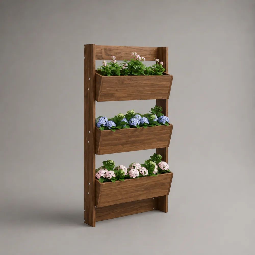 Fioriera verticale da esterno in legno con 3 cassette, marrone, 60 × 28 × 120 cm
