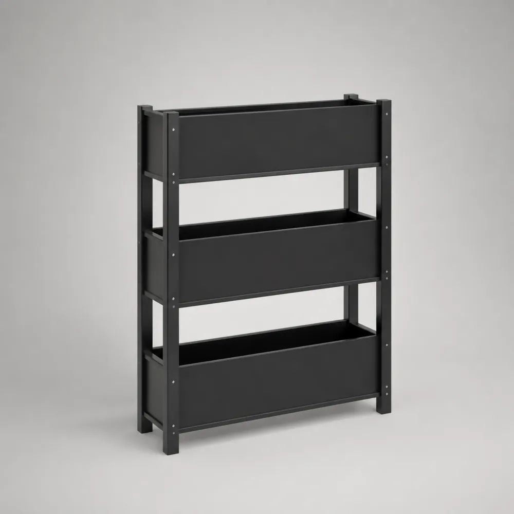 Fioriera verticale rialzata rettangolare a 3 livelli in acciaio nero, 80 × 30 × 100 cm