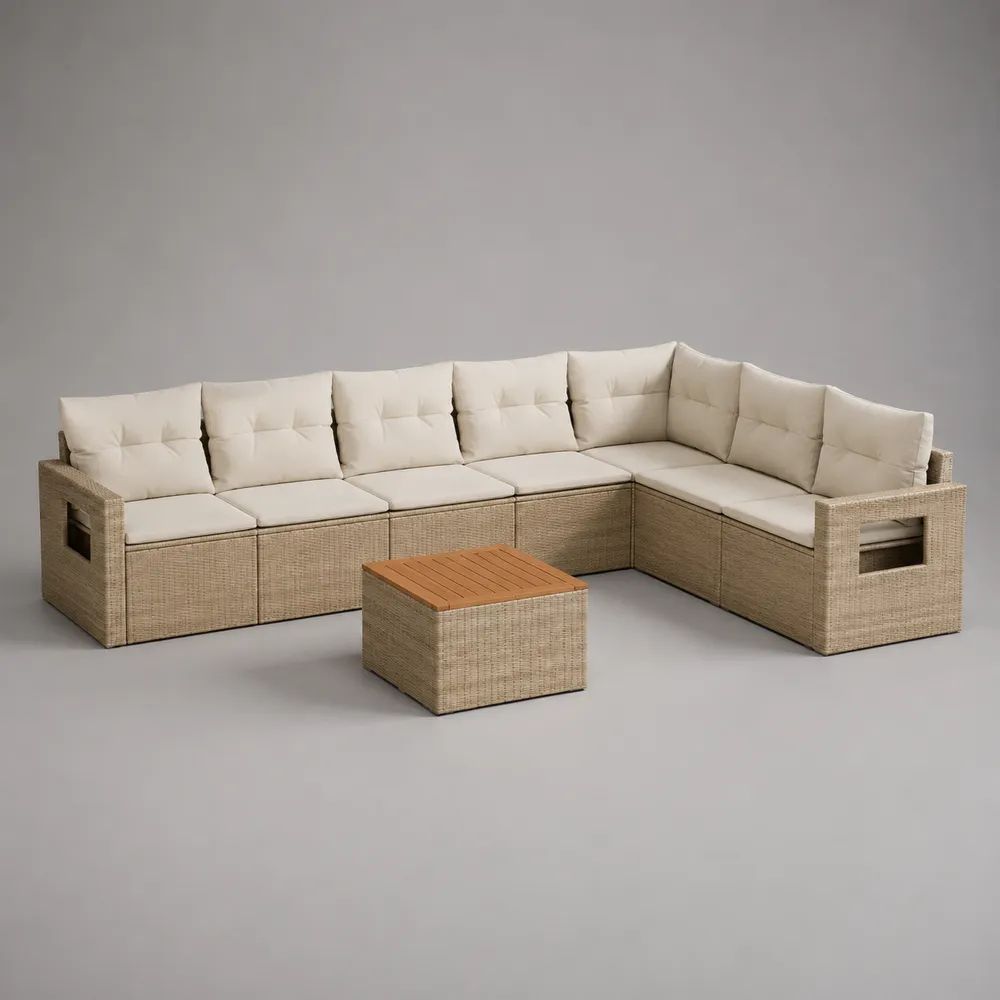 Set divano angolare da giardino 8 pezzi in polyrattan beige con cuscini crema e tavolino, 321 x 195 x 72 cm
