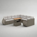 Set da giardino a U 9 posti in rattan PE grigio con divano, 2 poltrone e tavolo elevabile, 276 x 213 x 76 cm