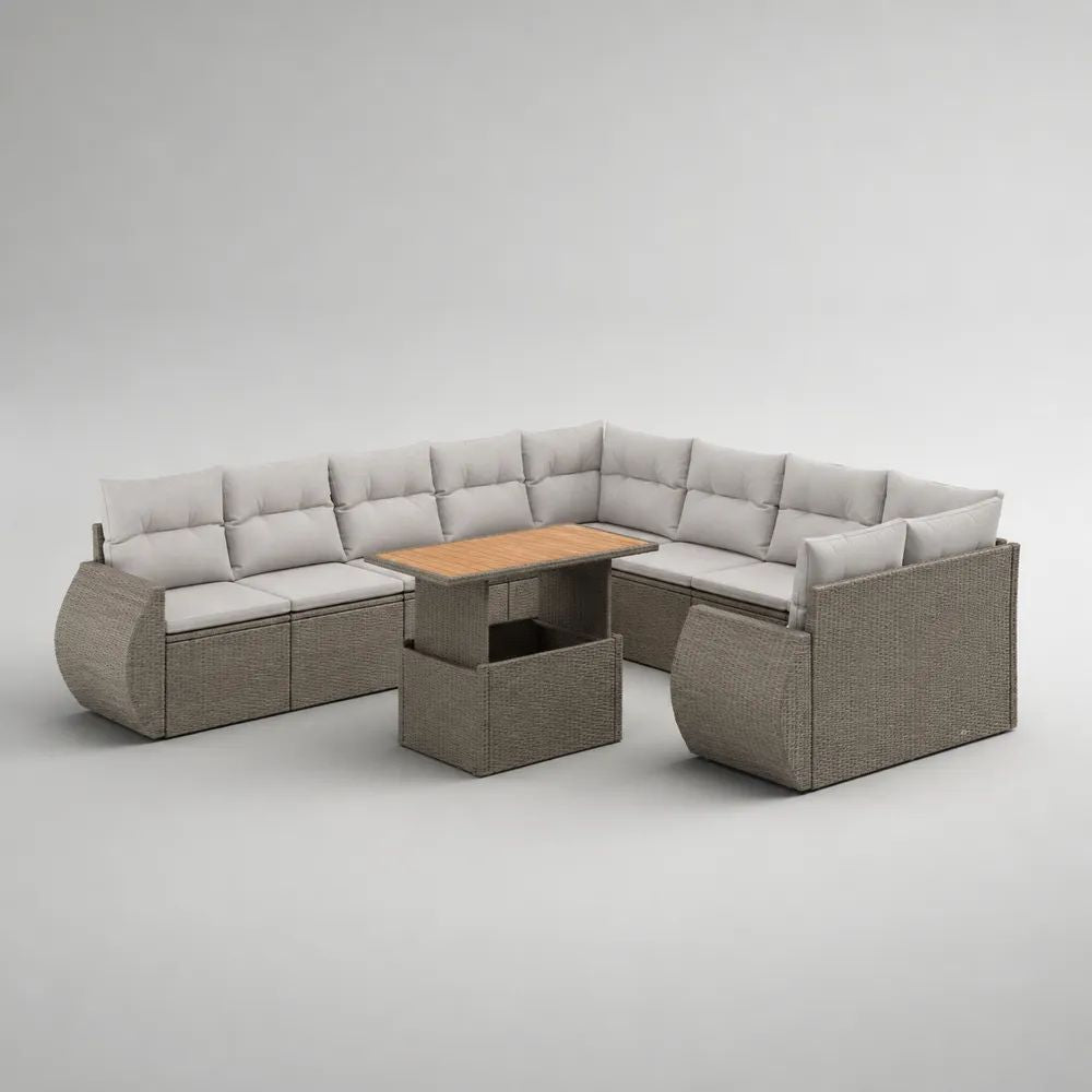 Set da giardino a U 9 posti in rattan PE grigio con divano, 2 poltrone e tavolo elevabile, 276 x 213 x 76 cm