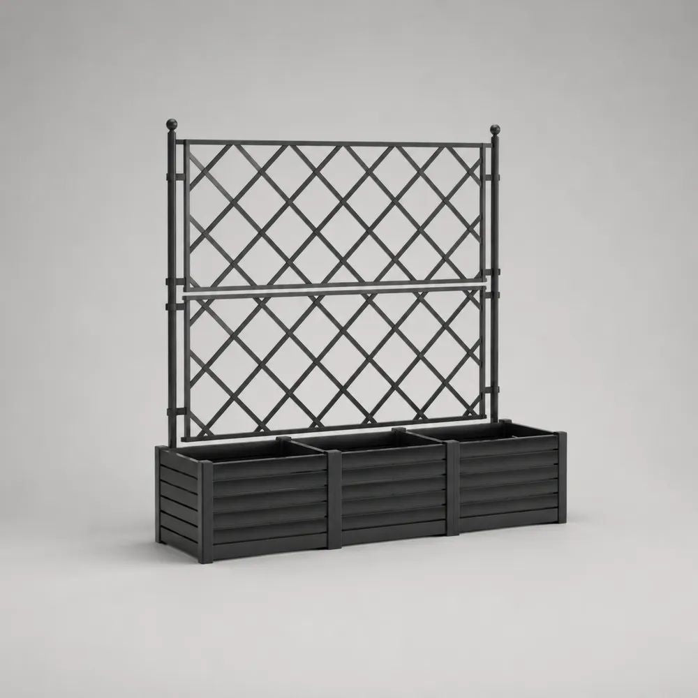 Fioriera rettangolare da esterno con traliccio in acciaio nero, 3 vani, 160 x 40 x 140 cm