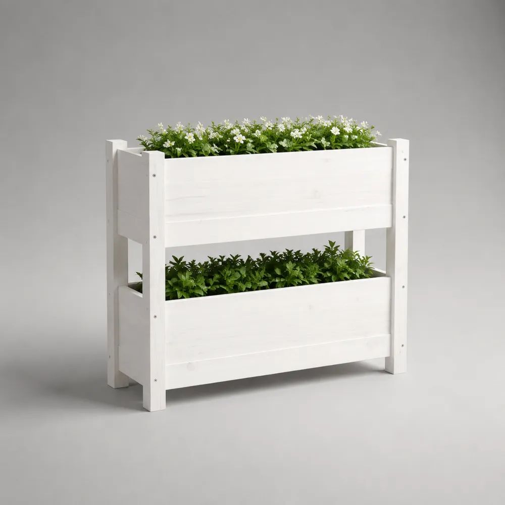 Fioriera rialzata rettangolare a 2 livelli in legno massello di pino bianco, 80 x 40 x 80 cm