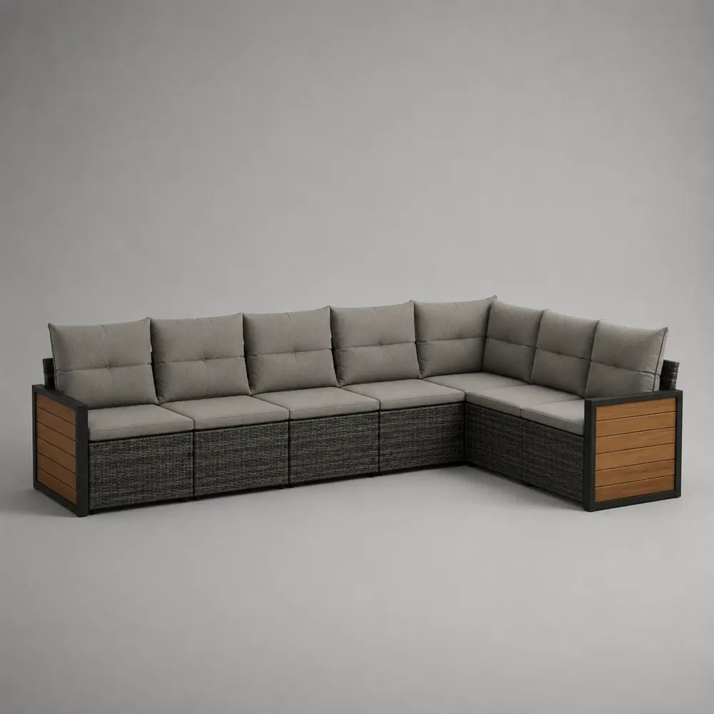 Divano angolare da giardino 5 posti in polyrattan PE e alluminio, grigio tortora, antracite, marrone e nero, 265 x 150 x 80 cm