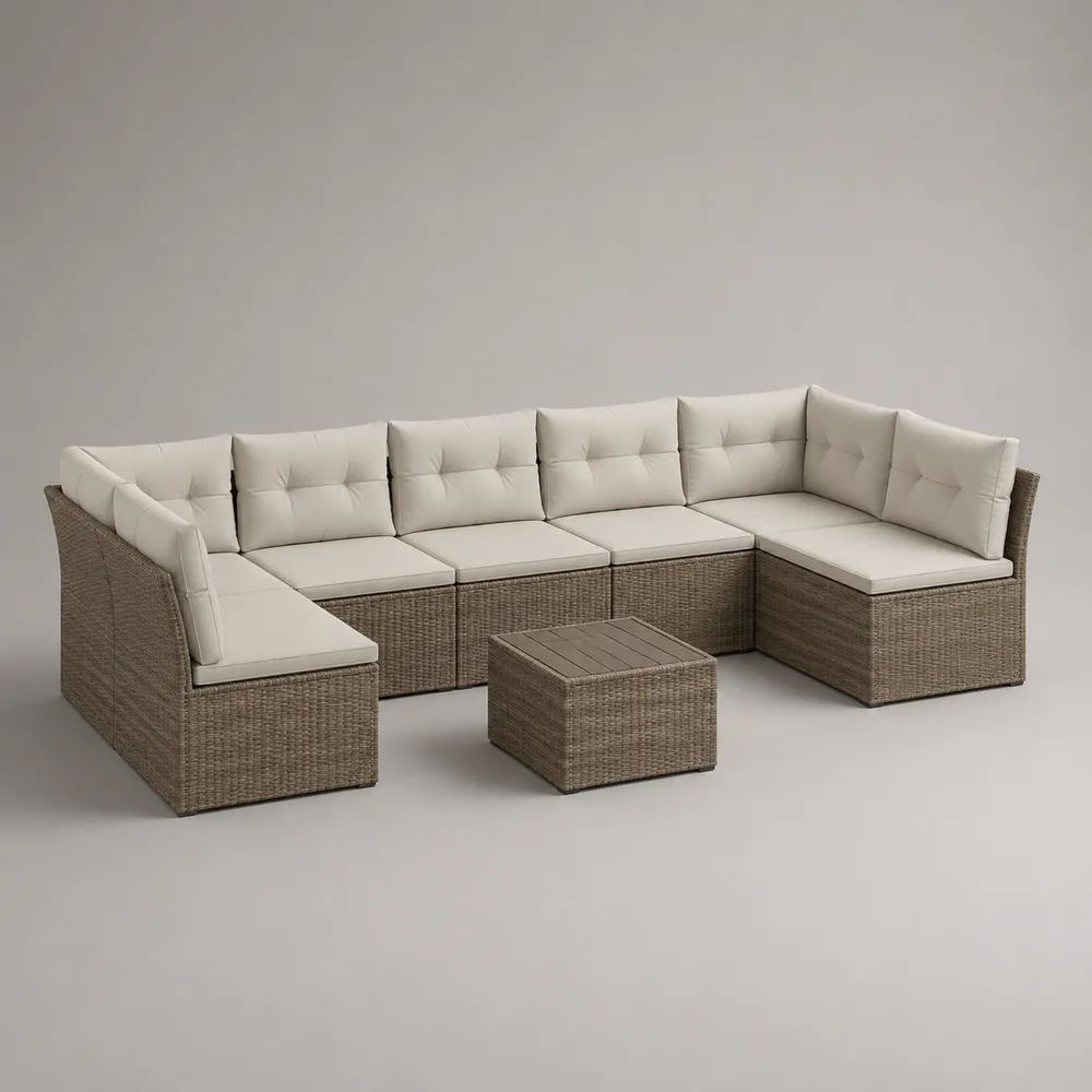 Set divano da giardino modulare a U 7 pezzi, 6 posti, in rattan PE tortora con cuscini crema e tavolino, 325 x 145 x 72 cm