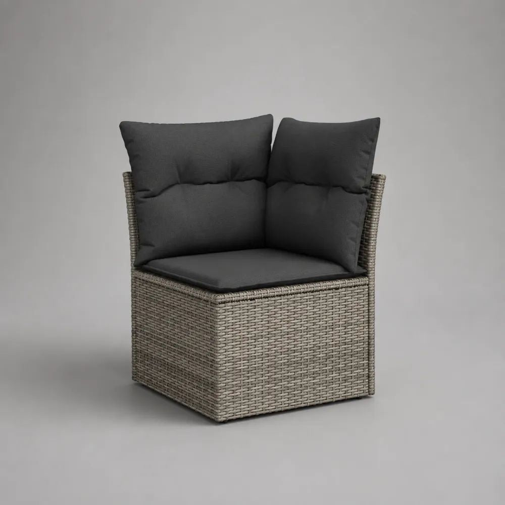 Poltrona angolare modulare da esterno in rattan PE e acciaio con cuscini, grigio e antracite, 74 x 74 x 85 cm