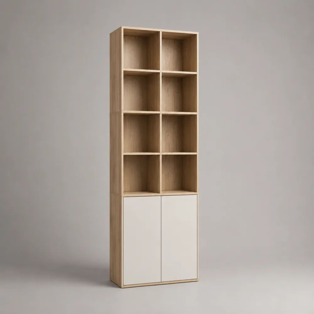 Libreria rettangolare in legno con 8 vani e mobile a 2 ante, rovere chiaro e bianco, 80 x 30 x 200 cm