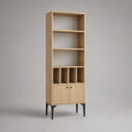 Libreria alta in legno con 2 ante, 3 vani aperti e 4 scomparti, rovere naturale e nero, 60 x 35 x 180 cm