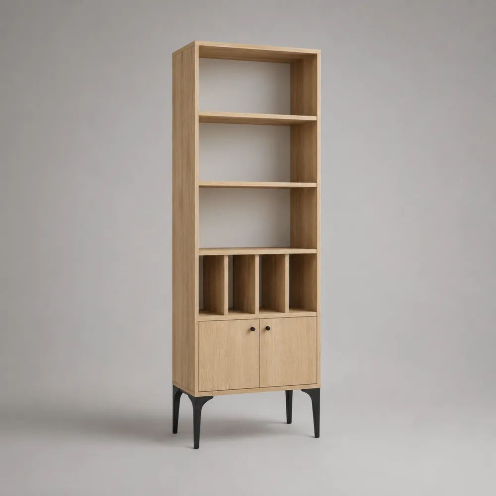 Libreria alta in legno con 2 ante, 3 vani aperti e 4 scomparti, rovere naturale e nero, 60 x 35 x 180 cm